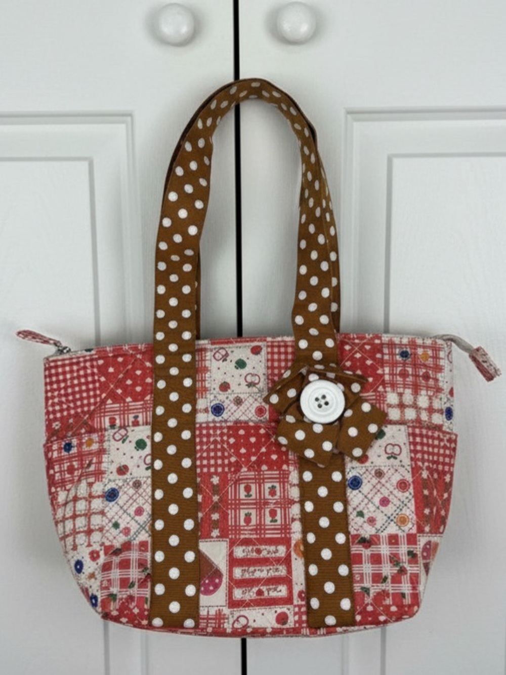 Red Patchwork Western Boho Tote with Brown‎ Polka-Dot Handles